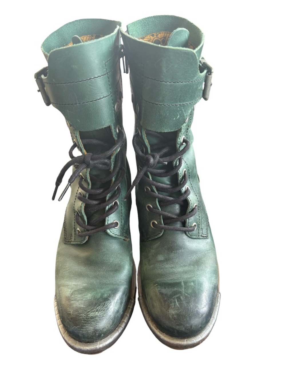 Fly London Green Leather Lace-Up Combat Booties with Buckle Strap